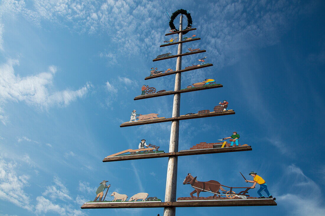 Maibaum may pole with traditional craftmaker emblems, Sailauf, Westspessart, Spessart-Mainland, Franconia, Bavaria, Germany