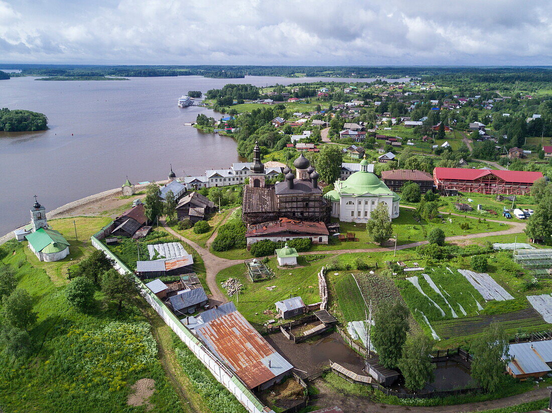 Aerial of city with churches, Goritsy, Sheksna river, Russia