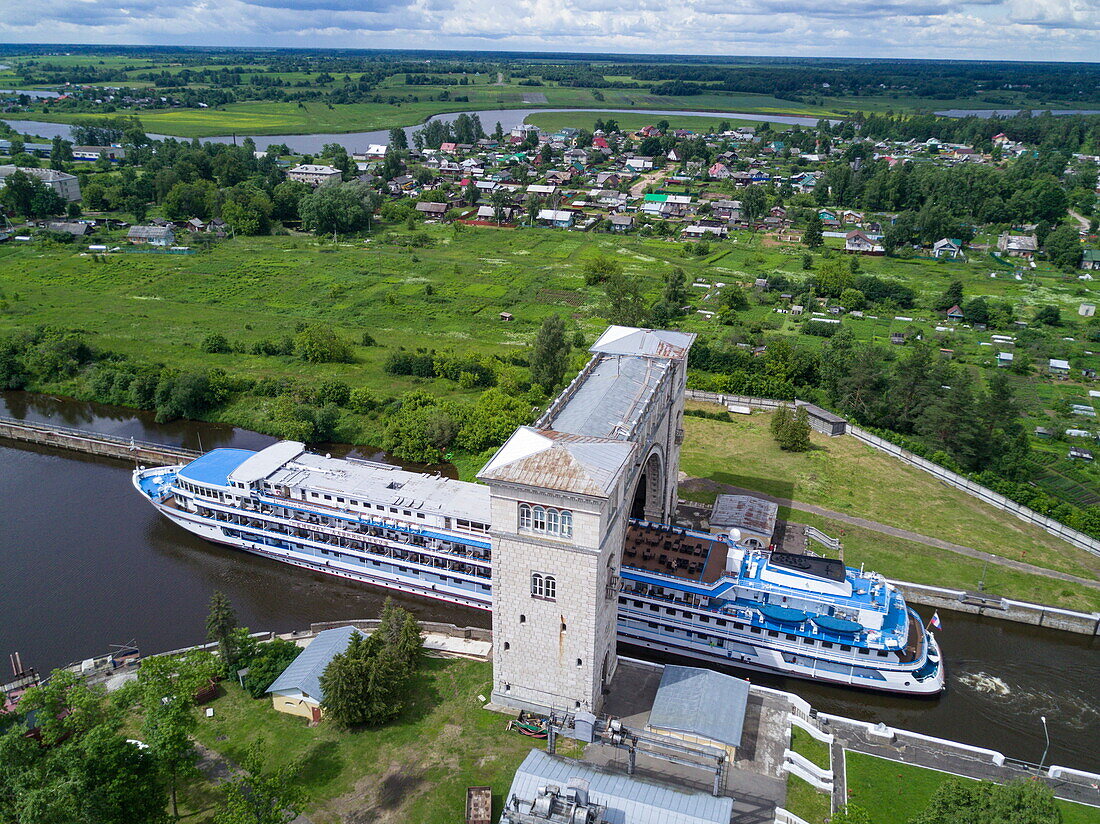 Aerial of river cruise ship Excellence Katharina of Reisebüro Mittelthurgau (formerly MS General Lavrinenkov) inside Uglich Lock on Volga river, Uglich, Russia