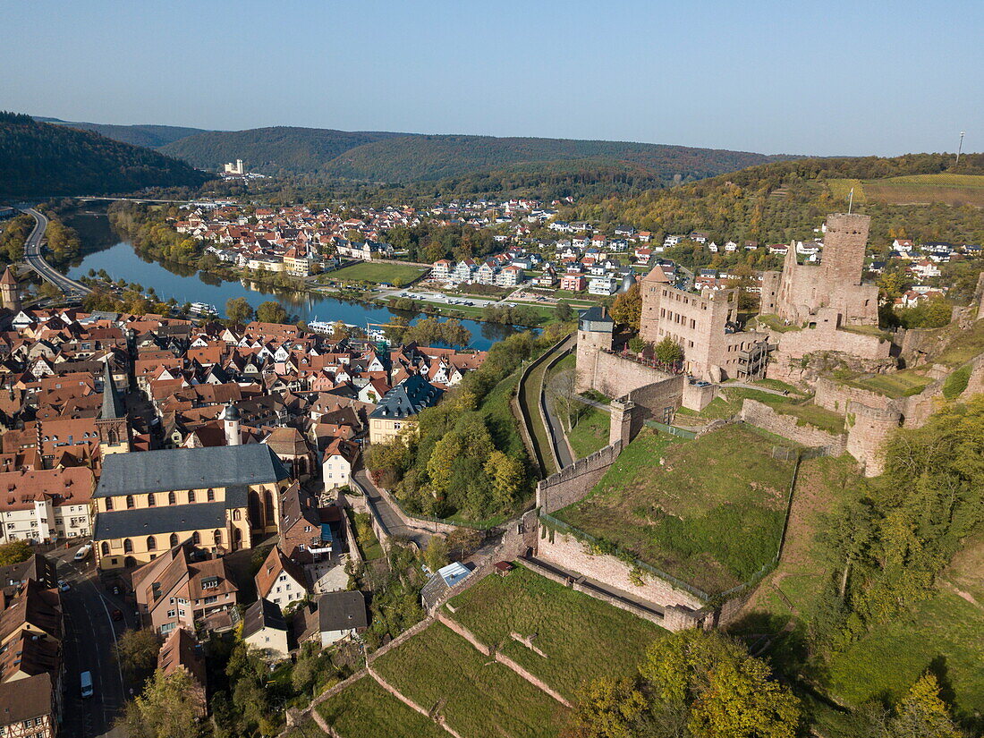 Aerial of Burg Wertheim castle, Altstadt old town and Main river, Wertheim, Spessart-Mainland, Franconia, Baden-Württemberg, Germany