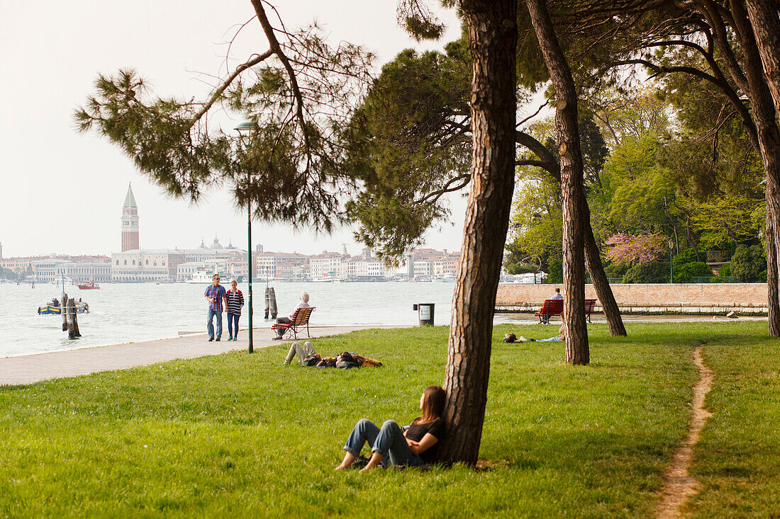 Pineta Sant Elena, park, Sant Elena quarter, view to Doge´s Palace und Campanile, Venezia, Venice, UNESCO World Heritage Site, Veneto, Italy, Europe