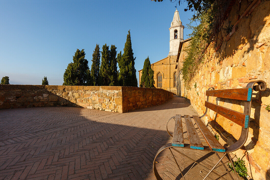 walkway with viewpoint behind the cathedral,  cypresses, view over the valley, Val d´Orcia, Pienza, Tuscany, Italy, Europe