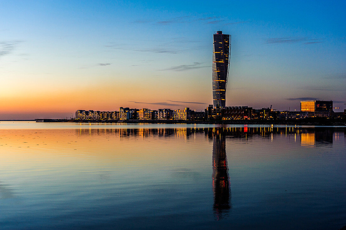Skyline in the evening light with turning torso from the rehabilitated harbor area, Malmo, Southern Sweden, Sweden