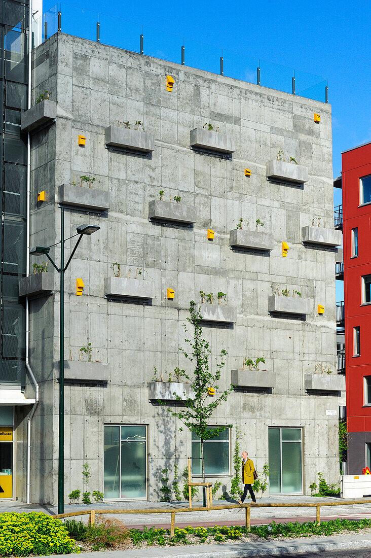 Modern concrete building in the renovated harbor area, Malmo, southern Sweden, Sweden