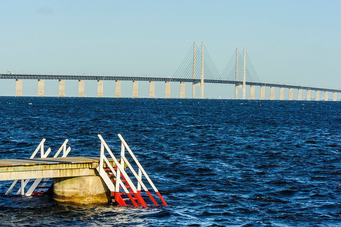 Boat bridge with ladder for bathing at Oeresundbruecke, Malmo, Southern Sweden, Sweden