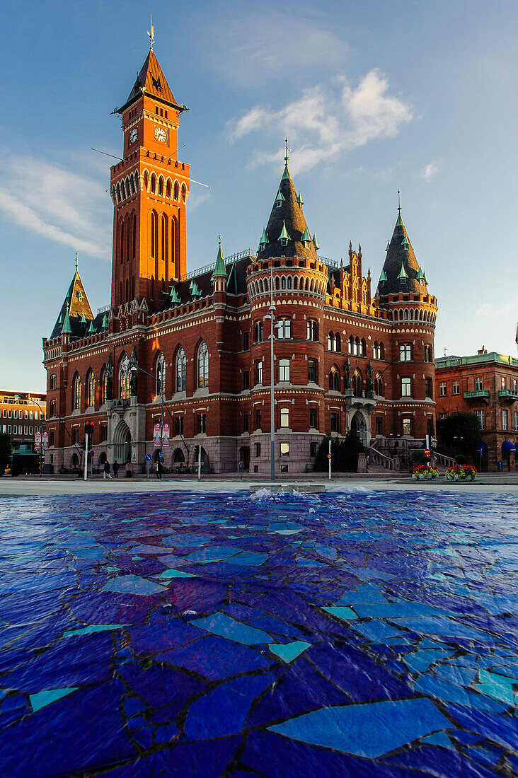 Town hall with fountain in front, Skane, Southern Sweden, Sweden