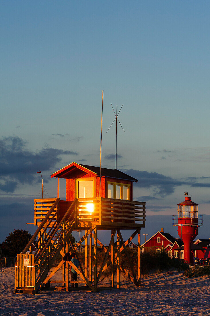 Rescue float tower on the beach, harbor in background, at Skanör med Falsterbo, Skane, Southern Sweden, Sweden