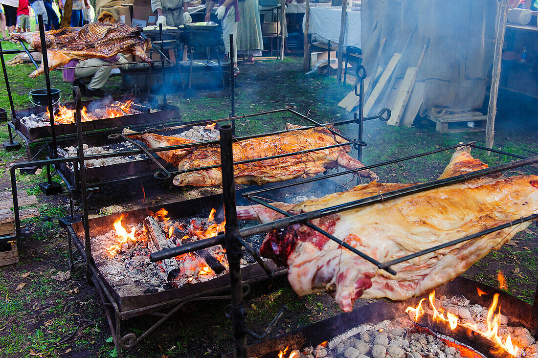 grilled pork halves on medieval festival, Schweden