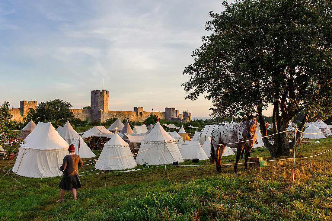 City wall of the old town of Visby, tent camp Medieval festival in front of the old city wall, Schweden