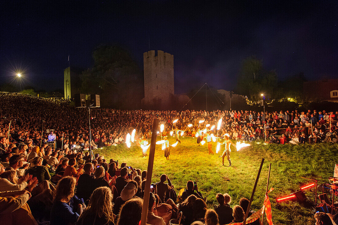 Great fire show at the city wall. Medieval festival, Schweden