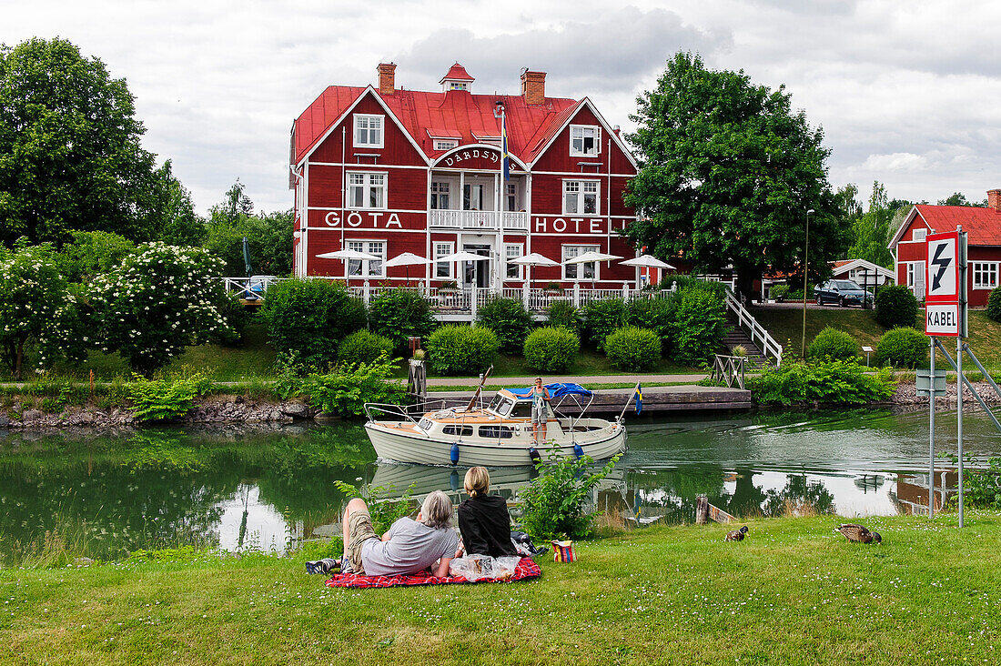 small lock staircase at Borensberg, Goeta Hotel in the background, Sweden