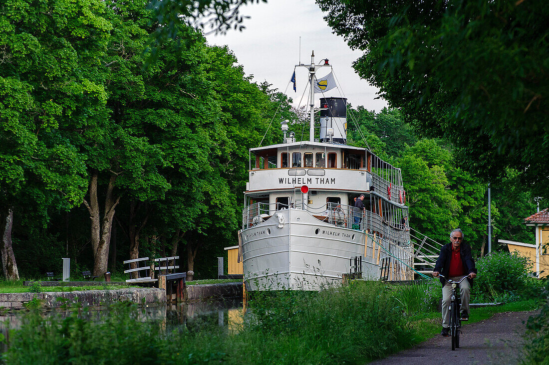 historic steamboat Wilhelm Tham near the Sluice mountain Slussar, Sweden