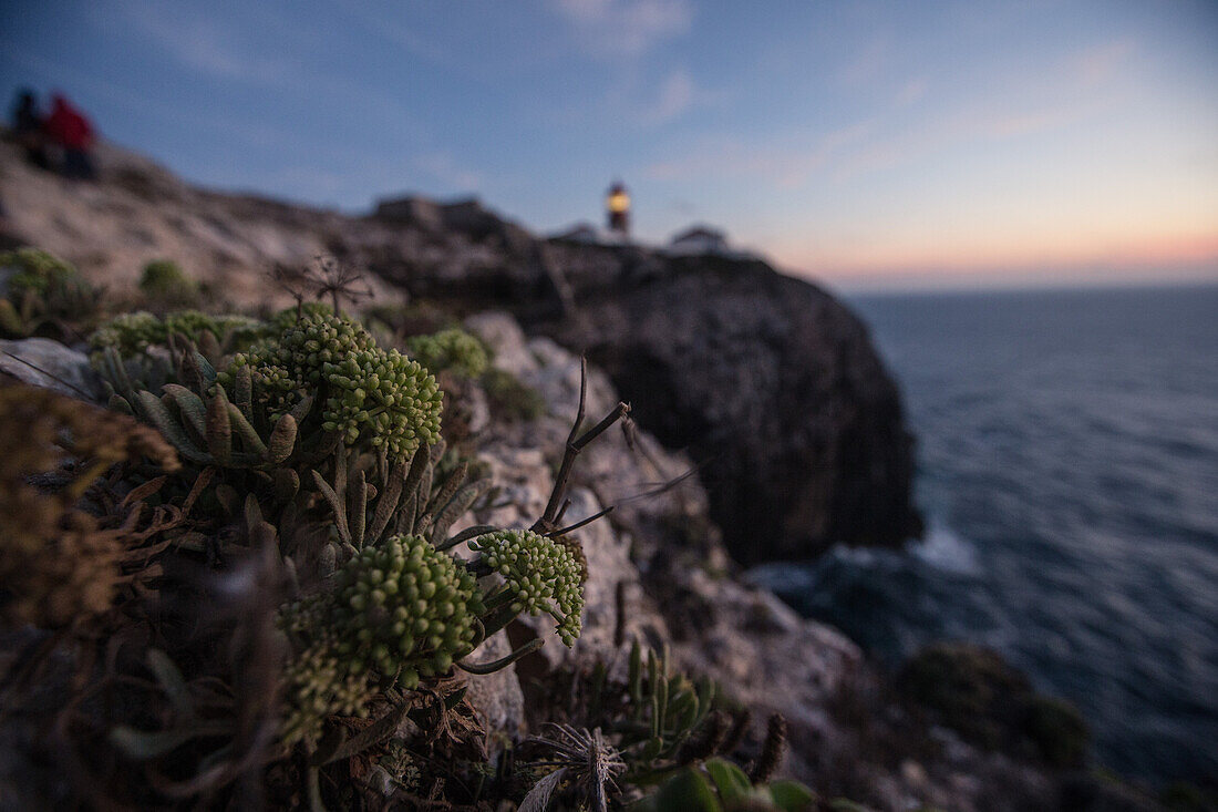 Leuchturm auf einem Felsen am Meer bei Praia da Amoreira,  Aljezur, Faro, Portugal
