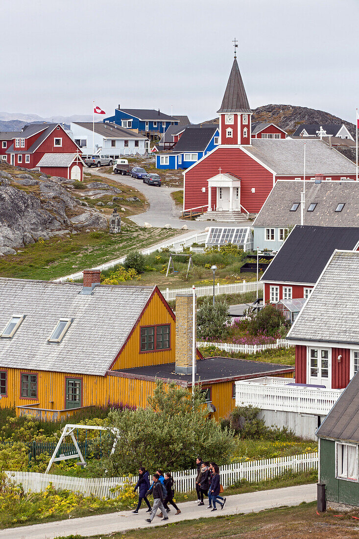 colorful wooden houses and the church of the city of nuuk, capital of greenland