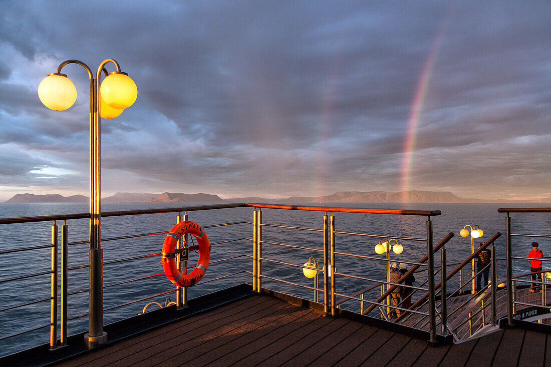 rainbow, the ship's upper deck, astoria cruise ship by the icelandic coast, iceland