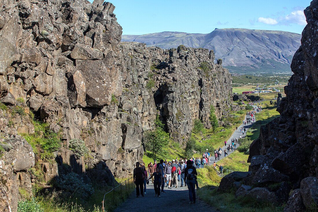 gorges of the almannagja, thingvellir national park, the site of the former parliament where iceland's independence was proclaimed, listed as a world heritage site by unesco, fault zone and active volcanism, golden circle, southwest iceland, europe