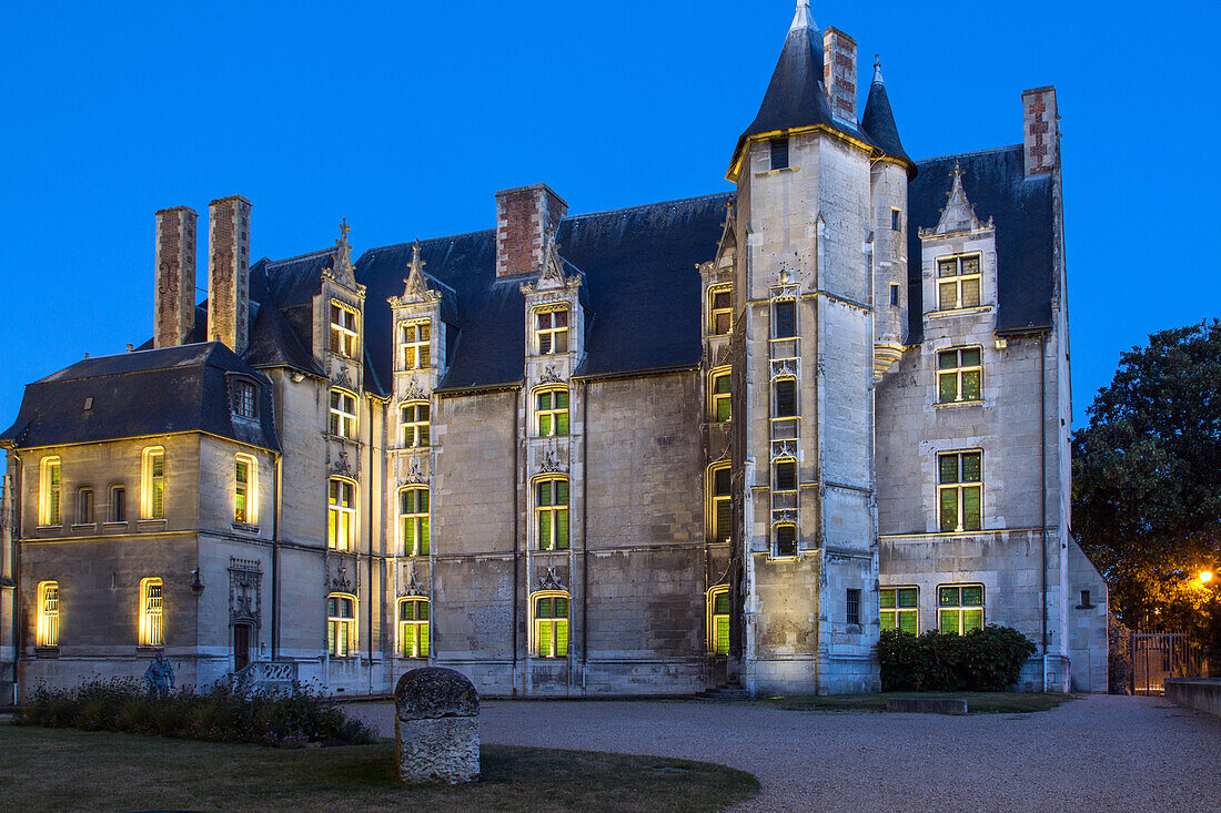 facade at night, museum of art, history and archaeology, the cathedral's former bishop's palace, evreux (27), france