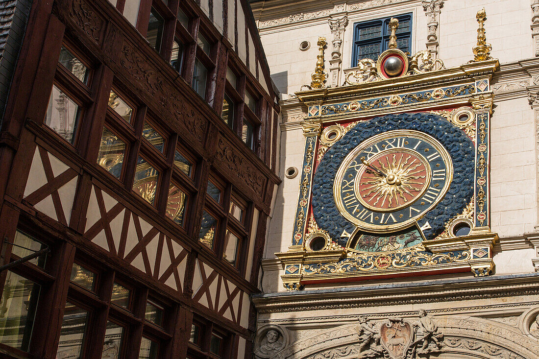 half-timbered houses and the astronomical clock, rue du gros horloge, rouen (76), france