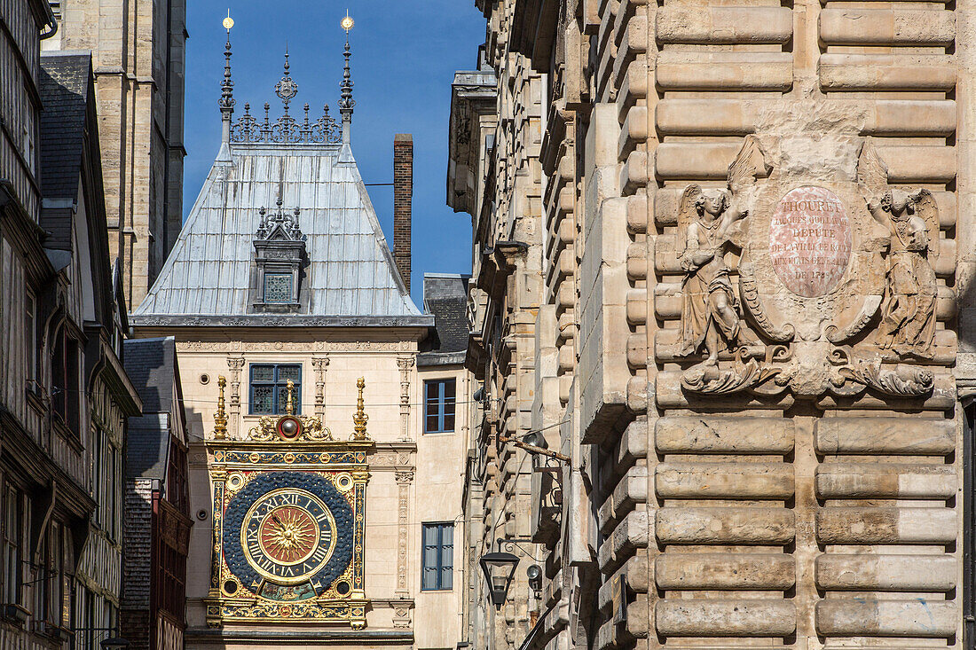 belfry and astronomical clock, rue du gros horloge, rouen (76), france