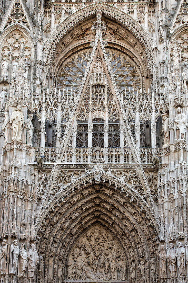 door in the renovated facade, notre-dame cathedral of rouen (76), france