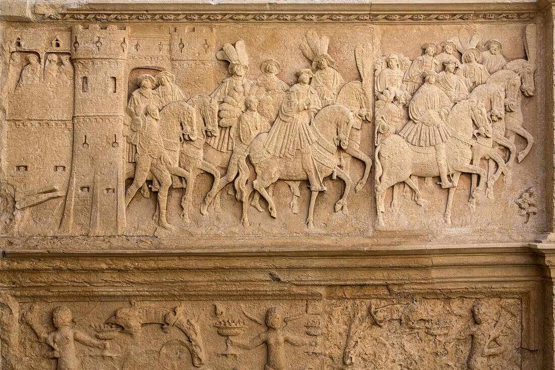 the town of guines with the cortege of henry viii, king of england, detail of the aumale gallery ornamented with bas-relief sculpted into the limestone, hotel de bourgtheroulde, place de la pucelle, rouen (76), france
