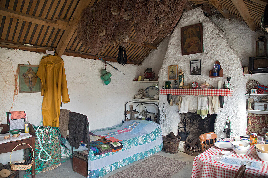interior of a traditional fisherman's house with its thatched roof, glencolmcille folk village eco-museum, gleann cholm cille, county donegal, ireland