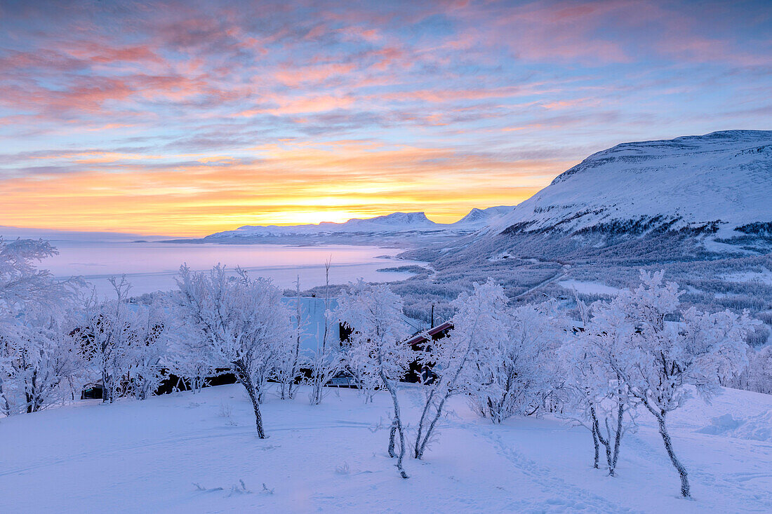 Colorful sky at sunrise, Bjorkliden, Abisko, Kiruna Municipality, Norrbotten County, Lapland, Sweden, Scandinavia, Europe