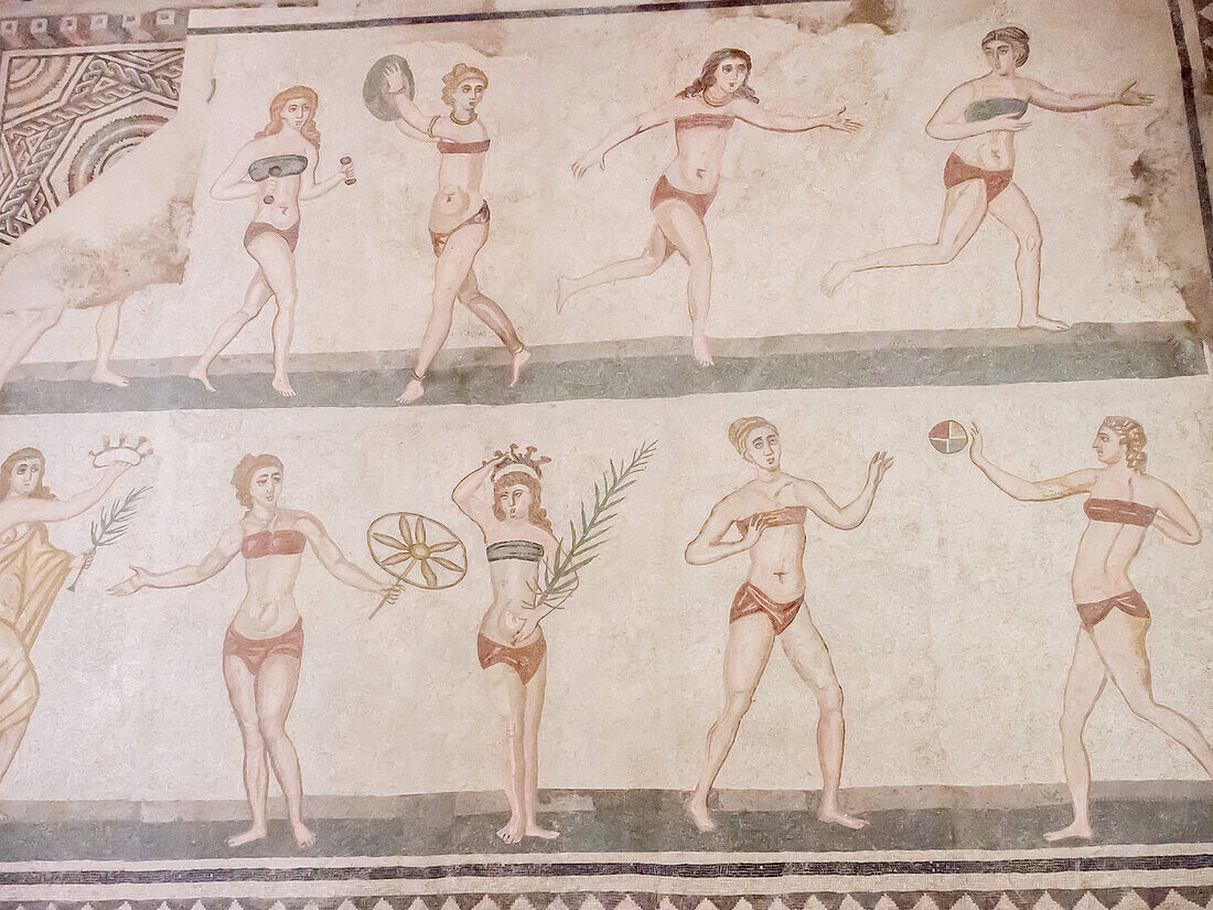 Floor mosaic of female athletes, Villa Romana del Casale, Piazza Armerina, UNESCO World Heritage Site, Sicily, Italy, Europe