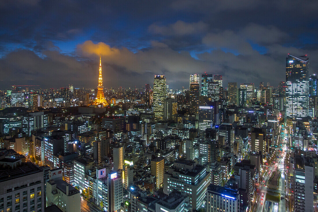Elevated night view of the city skyline and iconic illuminated Tokyo Tower, Tokyo, Japan, Asia