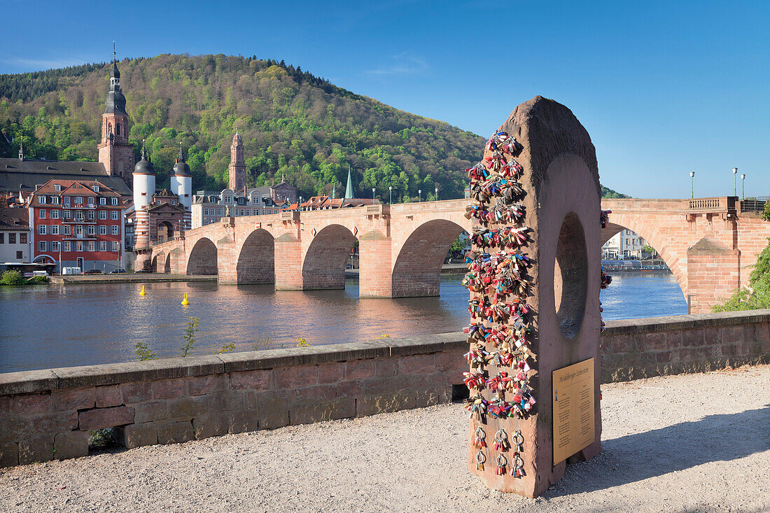 Heidelberger Liebesstein Rock, Karl-Theodor-Bridge (Old Bridge), Gate and Heilig Geist Church, Heidelberg, Baden-Wurttemberg, Germany, Europe