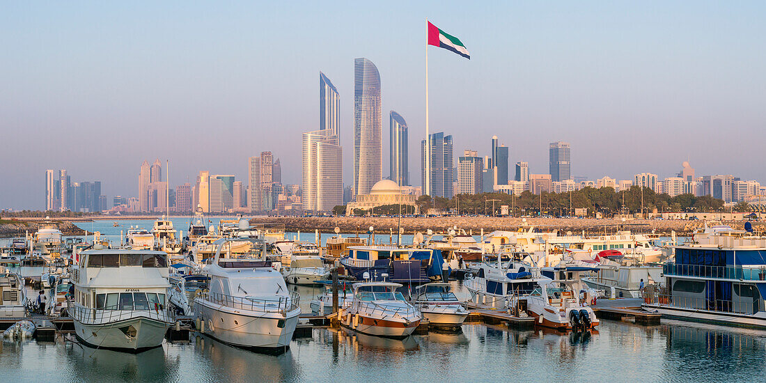 Modern city skyline and Marina, Abu Dhabi, United Arab Emirates, Middle East