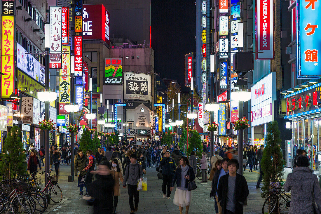 Kabukicho entertainment district illuminated at dusk, Shinjuku, Tokyo, Japan, Asia