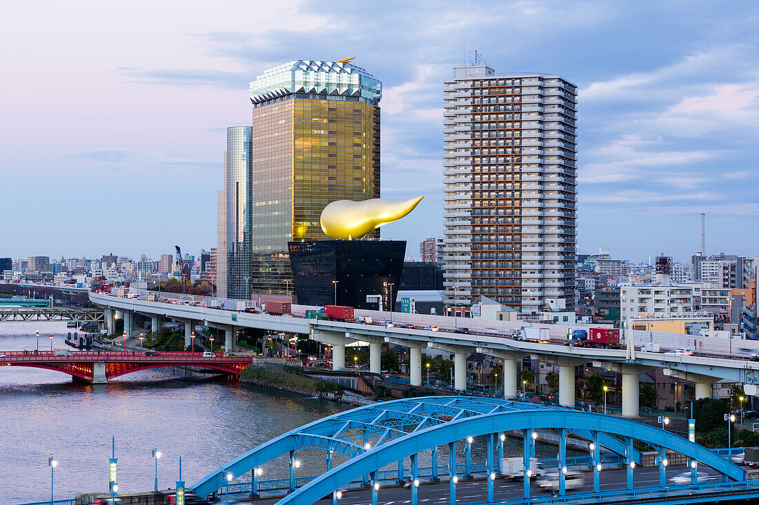 Modern architecture along the Sumida River, Tokyo, Japan, Asia