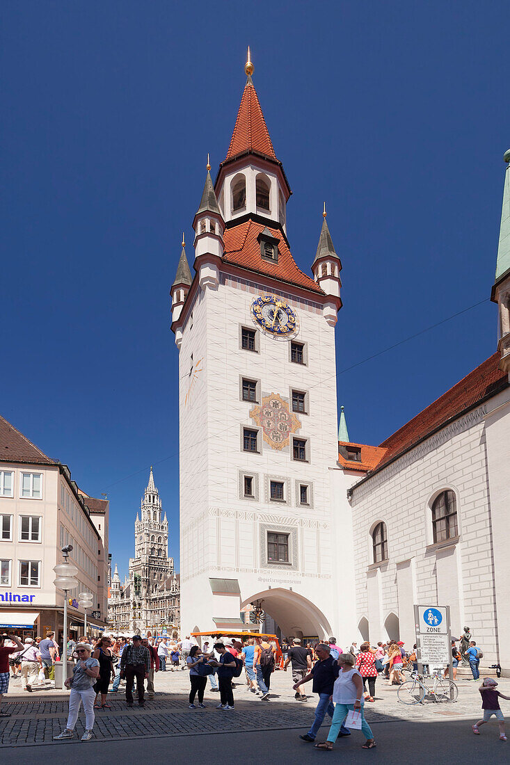 View from Old Town Hall (Altes Rathaus) to the New Town Hall (Neues Rathaus) at Marienplatz Square, Munich, Bavaria, Germany, Europe