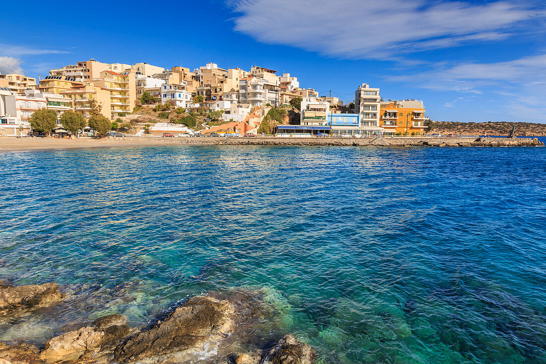 Clear azure waters of Kitroplateia Beach, Agios Nikolaos, Lasithi, Crete, Greek Islands, Greece, Europe
