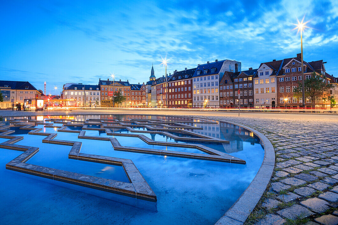 Fountain at night in Bertel Thorvaldsen's Square where Thorvaldsens Museum is located, Copenhagen, Denmark, Europe