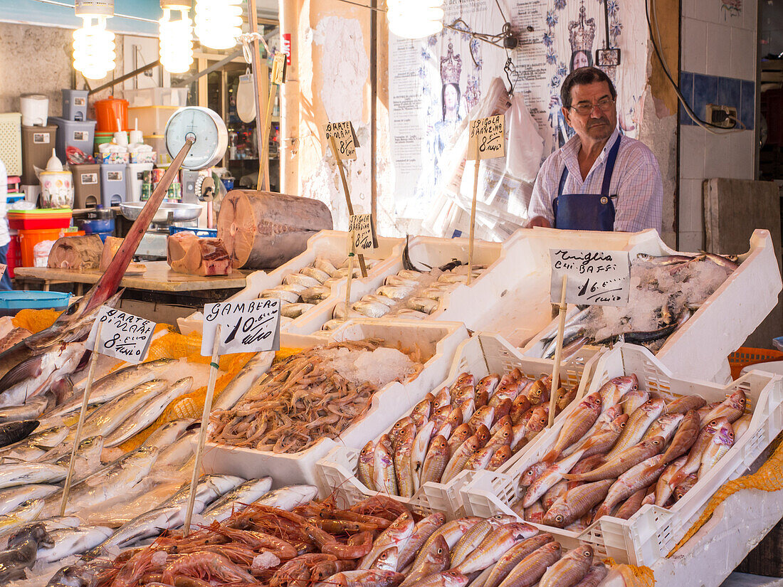 Fish vendor, Ballaro Market, Palermo, Sicily, Italy, Europe