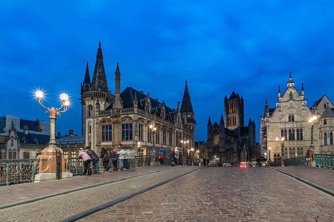 View of the cathedral from Saint Michael's bridge, Ghent, East Flanders province, Flemish region, Belgium, Europe