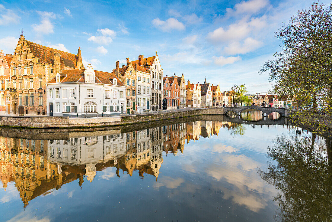 Houses reflected at Spiegelrei corner, Bruges, West Flanders province, Flemish region, Belgium, Europe