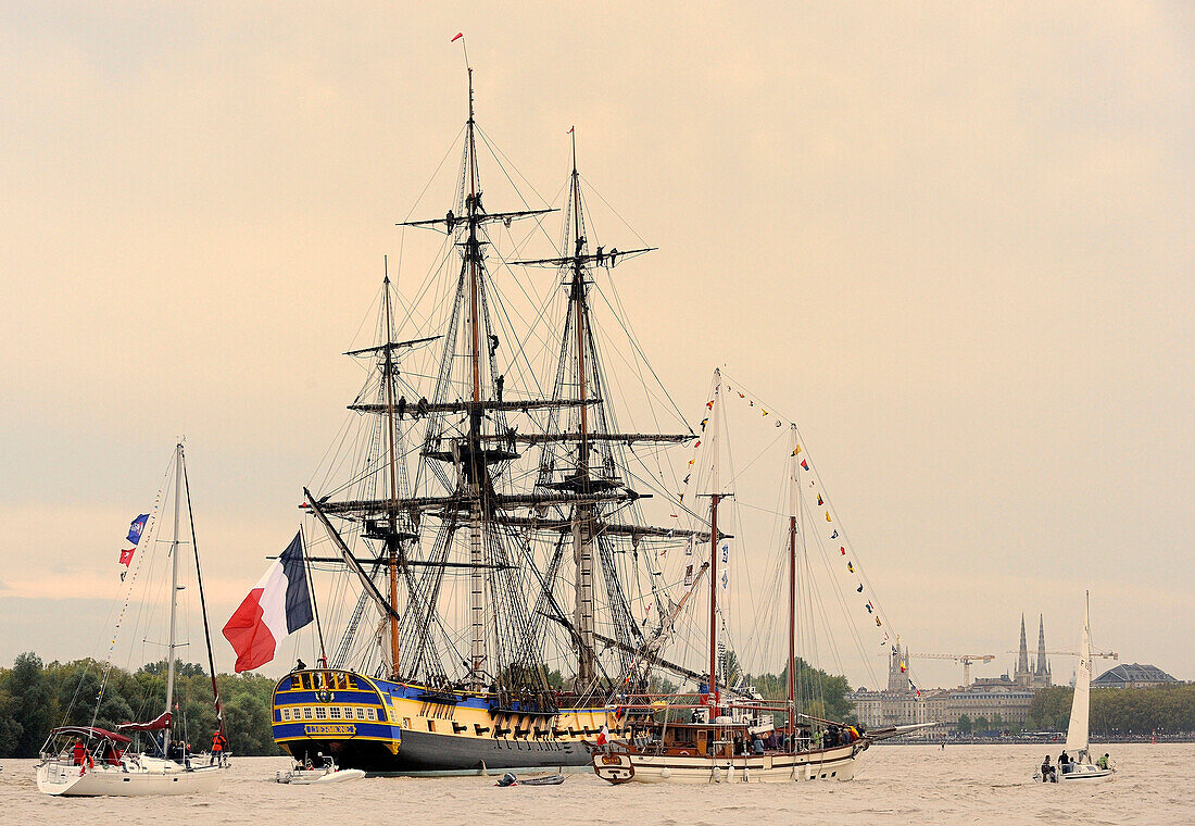 France, South-Western France, Bordeaux, sailboats escorting the Hermione (replica ship of a Concorde class frigate of the French Navy)