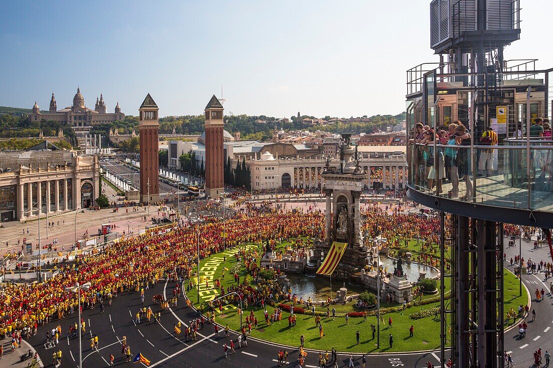 Spain, Catalunya, Barcelona City, Espana Square, Montjuich Hill. Diada Celebration 2014, Human catalan flag, Shooting point: Espana Square