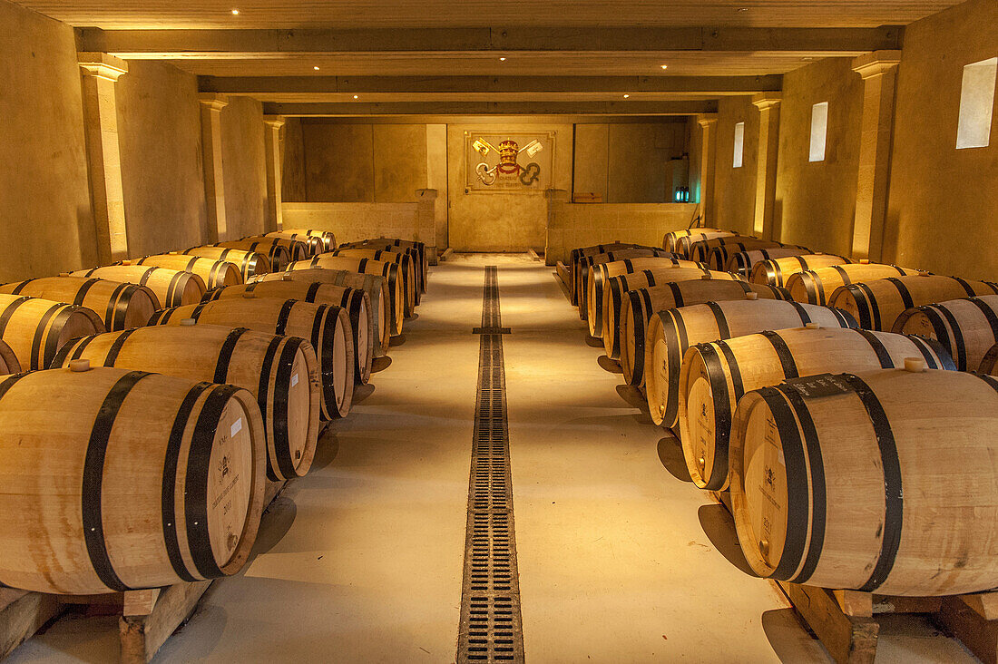 France, Gironde, AOC Pessao-Leognan vineyard, Chateau Pape-Clement, owner Bernard Magrez, barrel warehouse