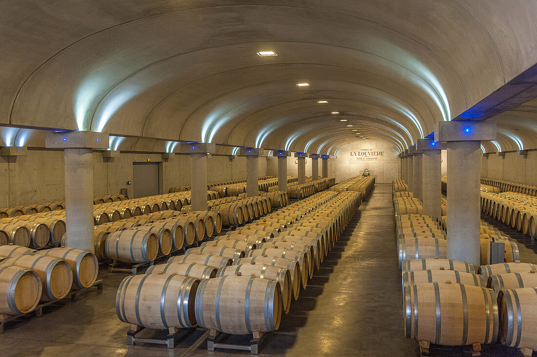 France, Gironde, AOC Pessao-Leognan vineyard, Chateau La Louviere, underground barrel warehouse (restiration by Jean Nouvel)