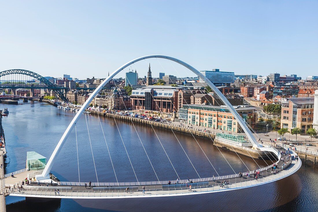 England, Tyne and Wear, Gateshead, Newcastle, Gateshead Millenium Bridge and Newcastle Skyline