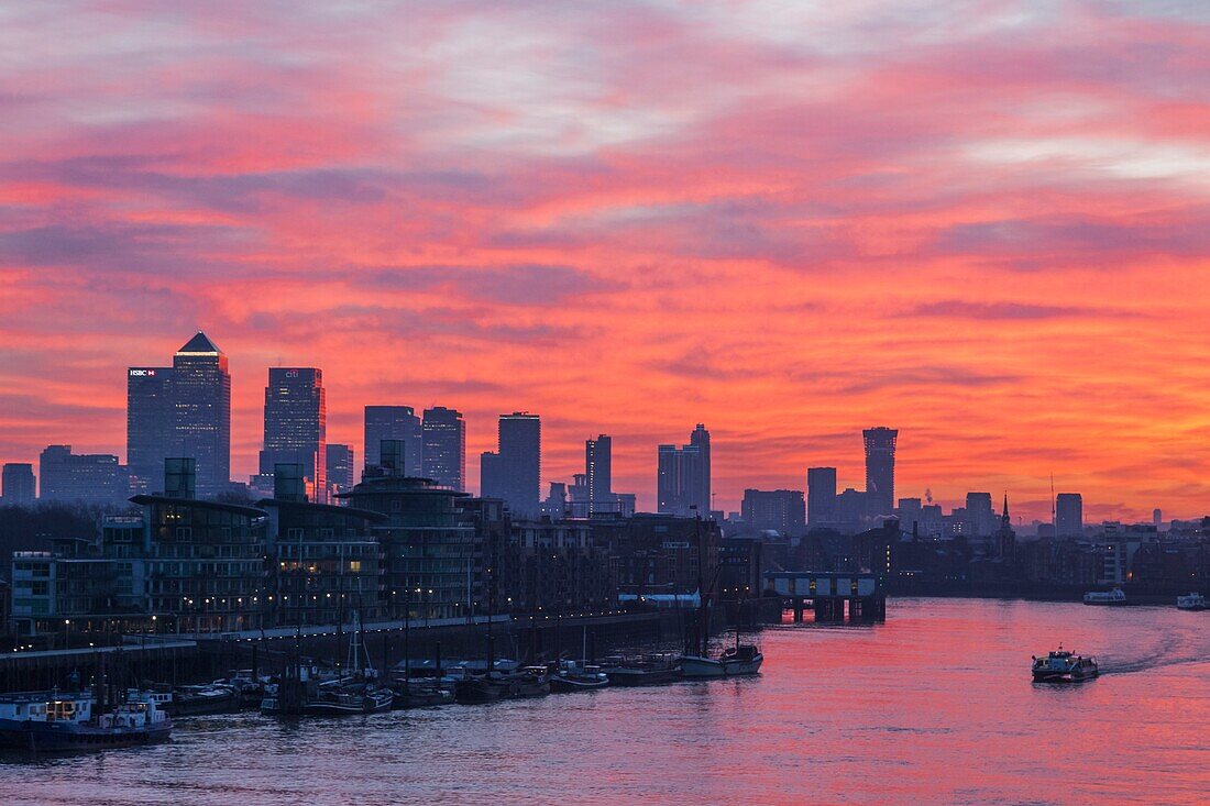 England, London, Sunrise Over Docklands and Canary Wharf