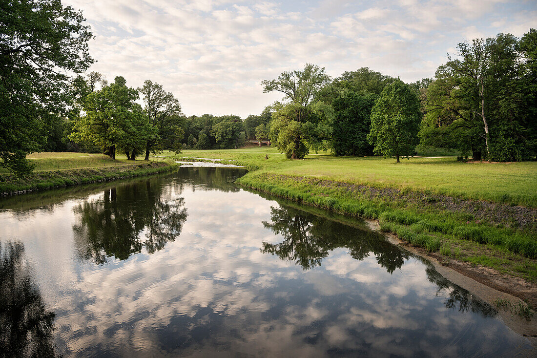 UNESCO World Heritage Muskau Gardens Prince Pueckler Park, Neisse River at border to Poland, Lausitz, Saxony, Germany