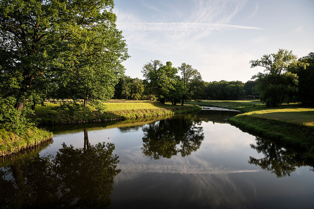 UNESCO World Heritage Muskau Gardens Prince Pueckler Park, Neisse River at border to Poland, Lausitz, Saxony, Germany