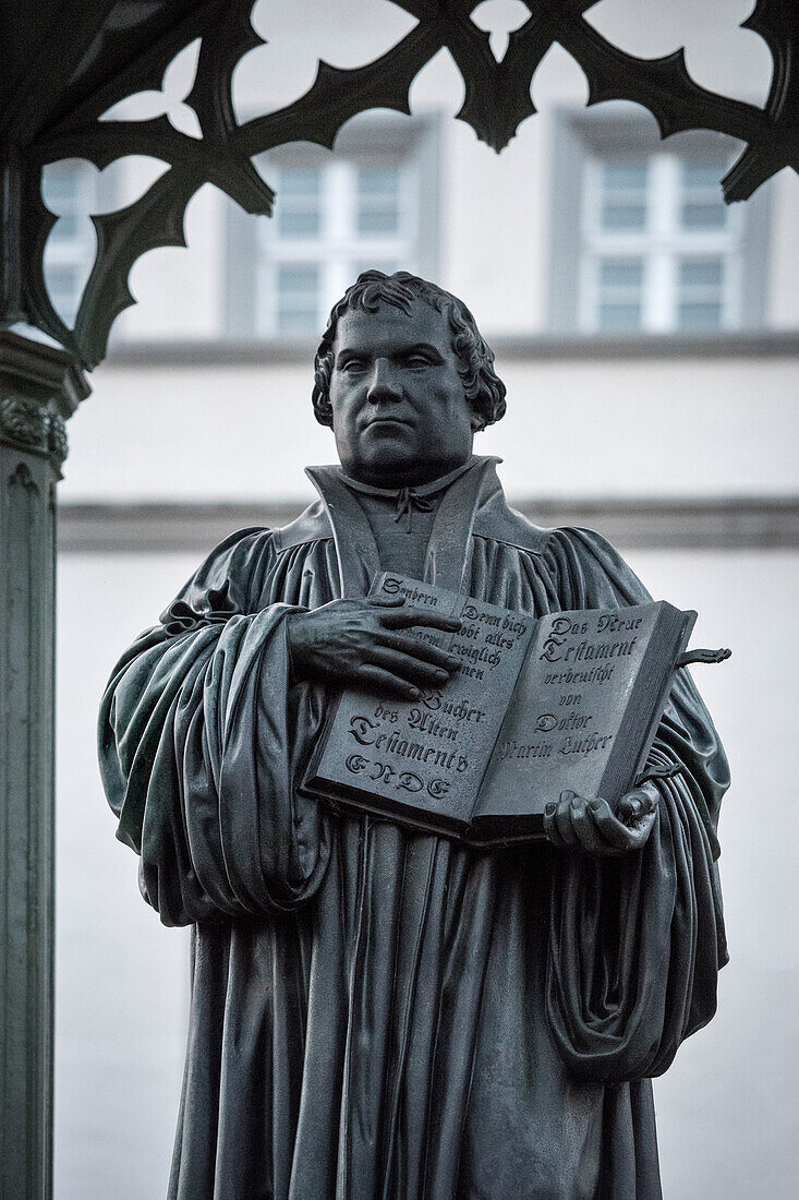 UNESCO World Heritage Martin Luther towns, Luther statue at market square at Wittenberg, Saxony-Anhalt, Germany