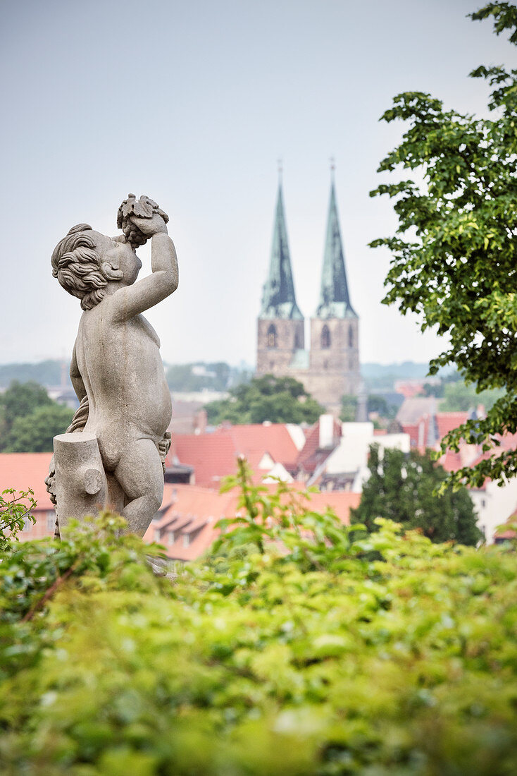 UNESCO World Heritage framework town Quedlinburg, statue at royal garden, historic town center, Saxony-Anhalt, Germany