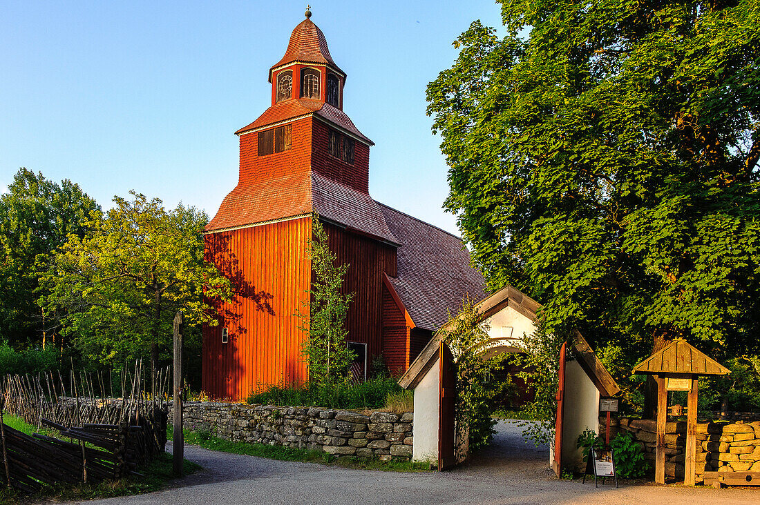 Wooden church Seglora Kyrkan in the open-air museum Skansen, Stockholm, Sweden